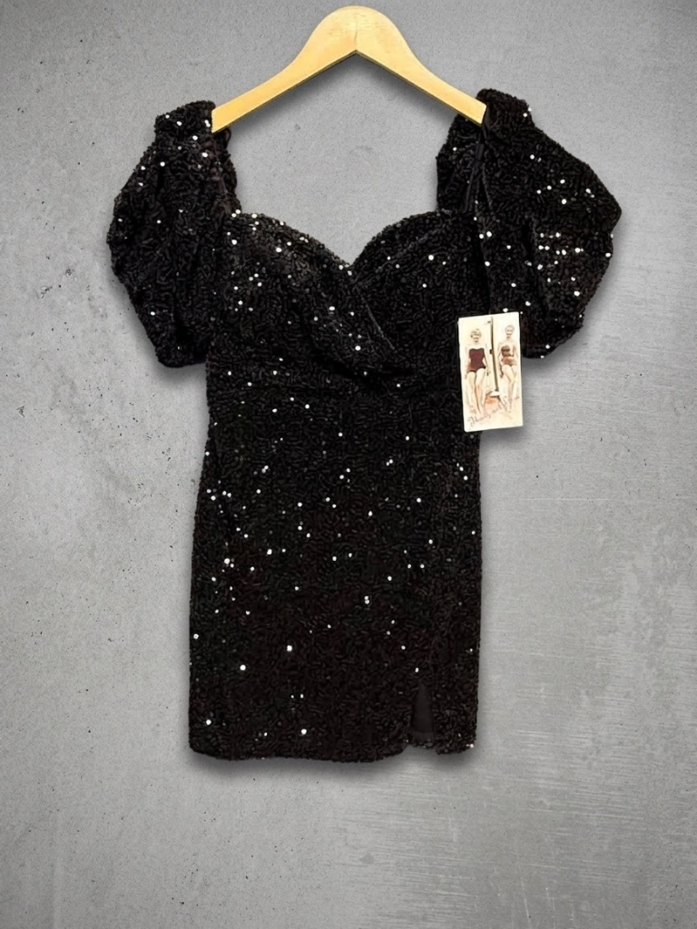 Honey & Rosie Black Sequin Puff Sleeve Mini Dress Sweetheart Slit NWT Medium